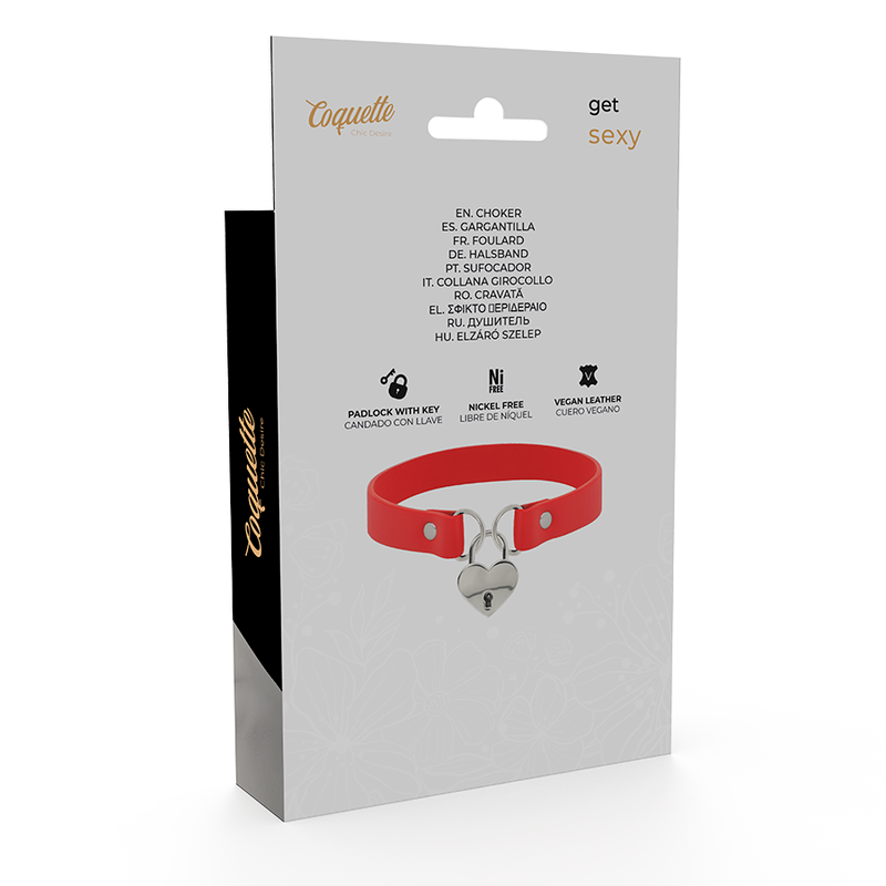 COQUETTE CHIC DESIRE - RED VEGAN LEATHER COLLAR WITH HEART PADLOCK ACCESSORY