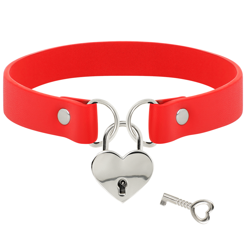 COQUETTE CHIC DESIRE - RED VEGAN LEATHER COLLAR WITH HEART PADLOCK ACCESSORY