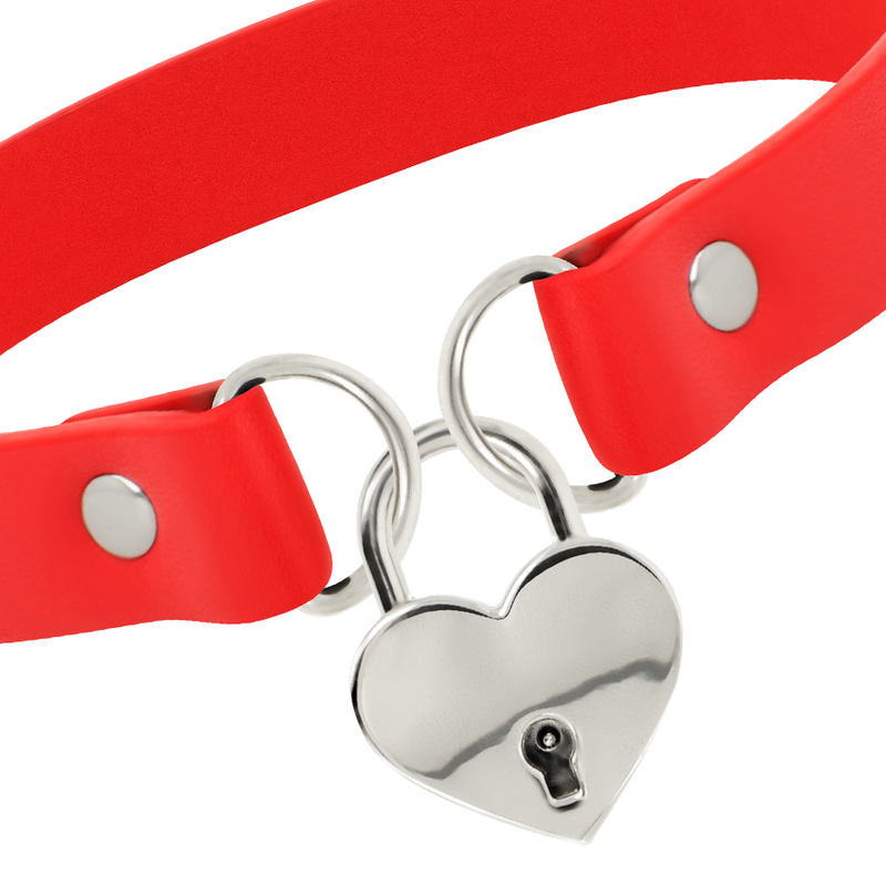 COQUETTE CHIC DESIRE - RED VEGAN LEATHER COLLAR WITH HEART PADLOCK ACCESSORY