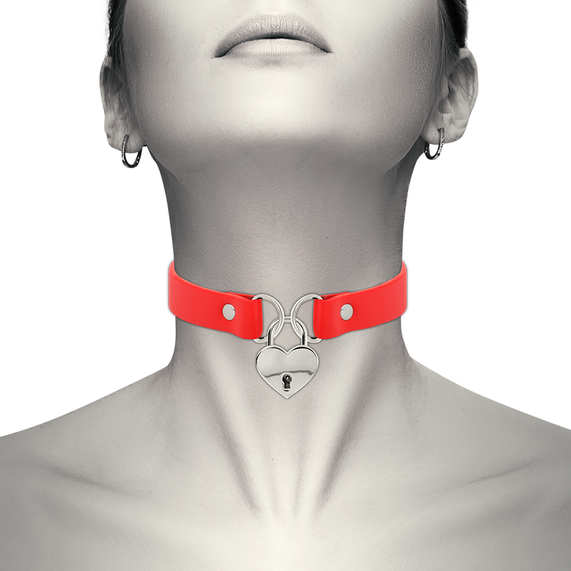 COQUETTE CHIC DESIRE - RED VEGAN LEATHER COLLAR WITH HEART PADLOCK ACCESSORY