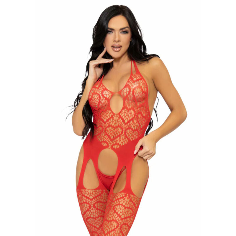 LEG AVENUE - RED FISHNET BODYSOCKING WITH GARTERS - ONE SIZE