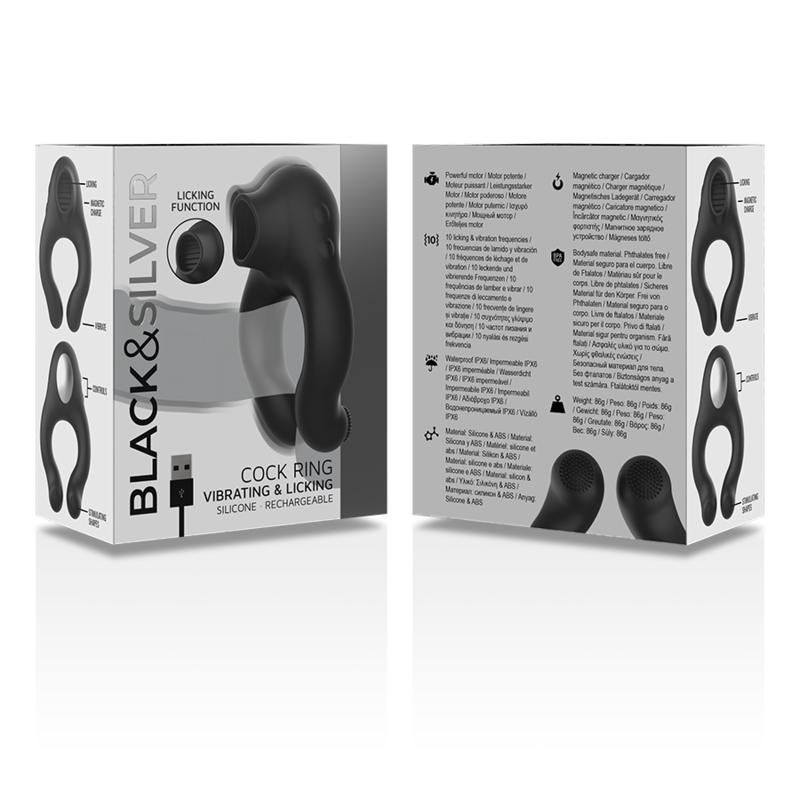 BLACK&SILVER - RECHARGEABLE BLACK SILICONE VIBRATING RING WITH 3 MOTORS