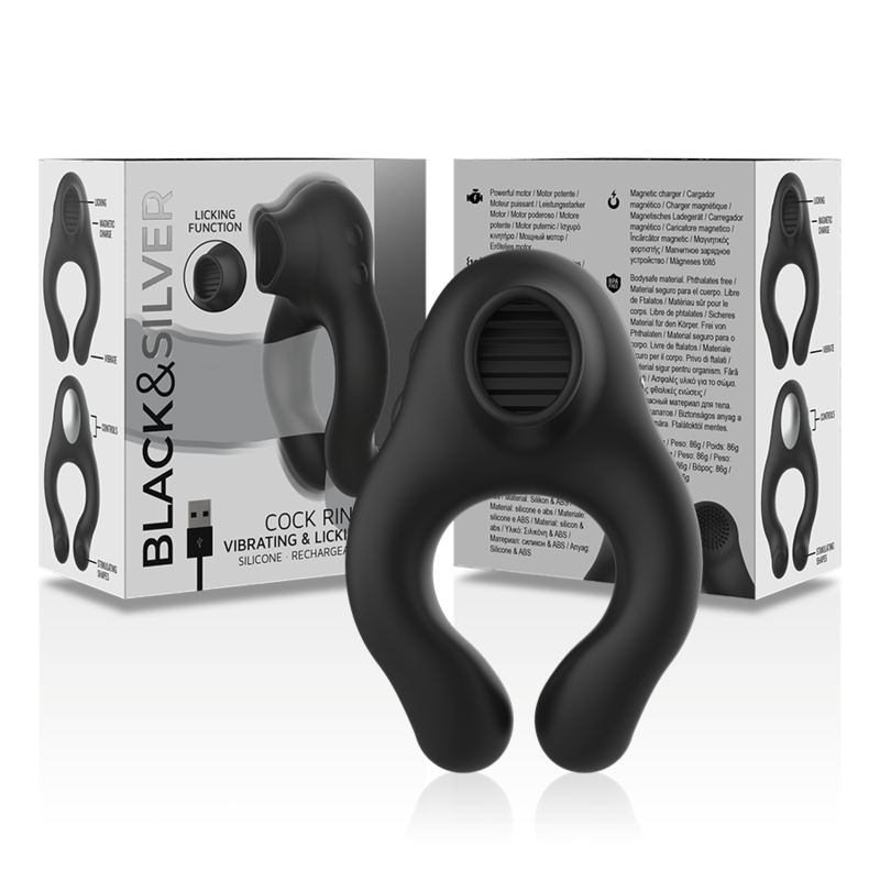 BLACK&SILVER - RECHARGEABLE BLACK SILICONE VIBRATING RING WITH 3 MOTORS