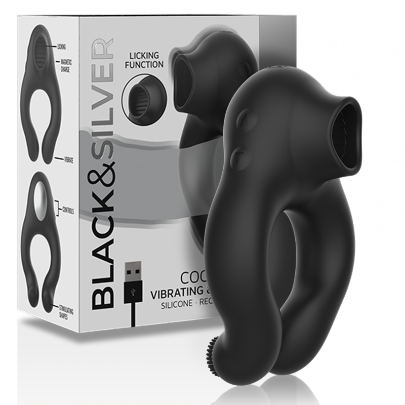BLACK&SILVER - RECHARGEABLE BLACK SILICONE VIBRATING RING WITH 3 MOTORS