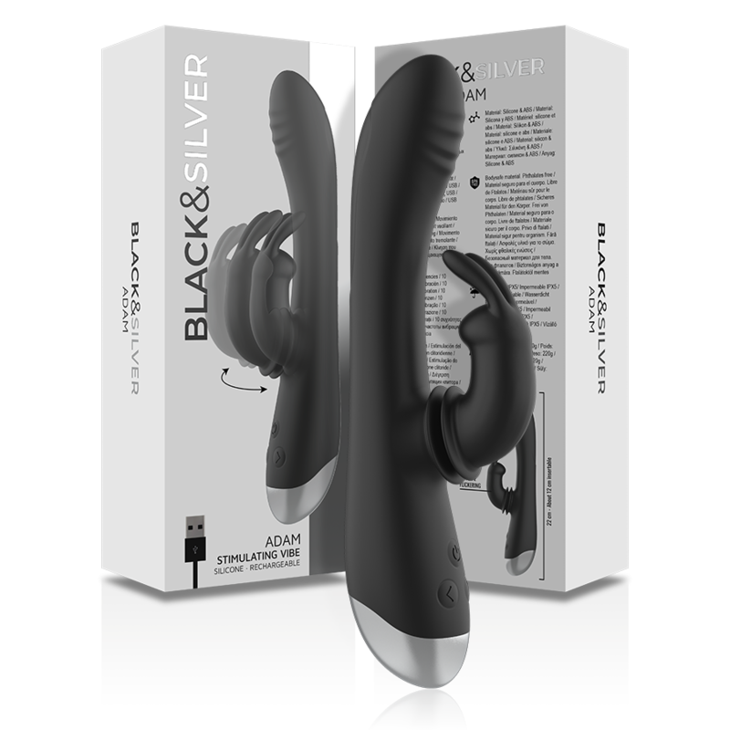 BLACK&SILVER - ADAM BLACK SILICONE RECHARGEABLE RABBIT STIMULATOR DJ.