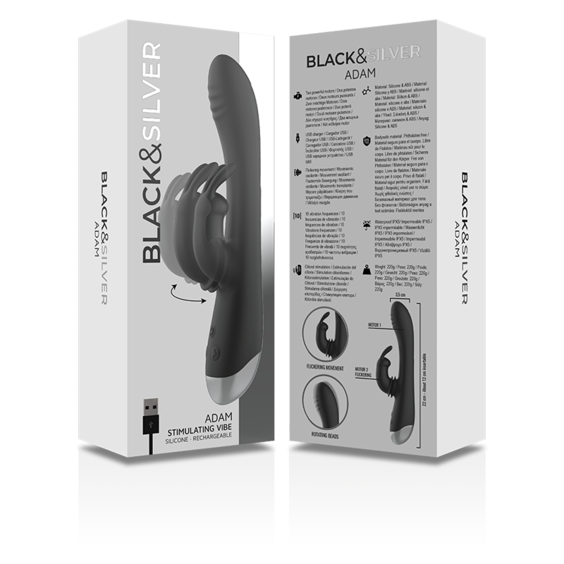 BLACK&SILVER - ADAM BLACK SILICONE RECHARGEABLE RABBIT STIMULATOR DJ.