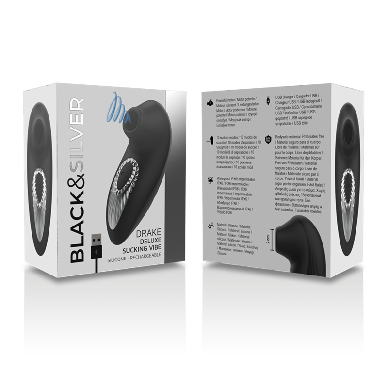 BLACK&SILVER - DRAKE DELUXE RECHARGEABLE SILICONE SUCKING VIBE BLACK