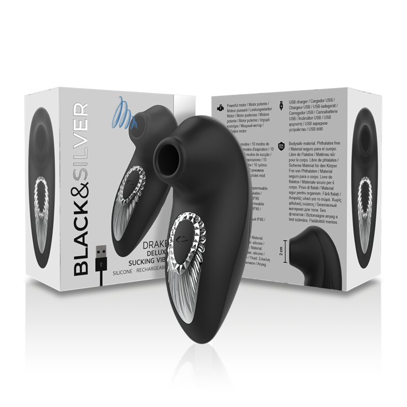 BLACK&SILVER - DRAKE DELUXE RECHARGEABLE SILICONE SUCKING VIBE BLACK