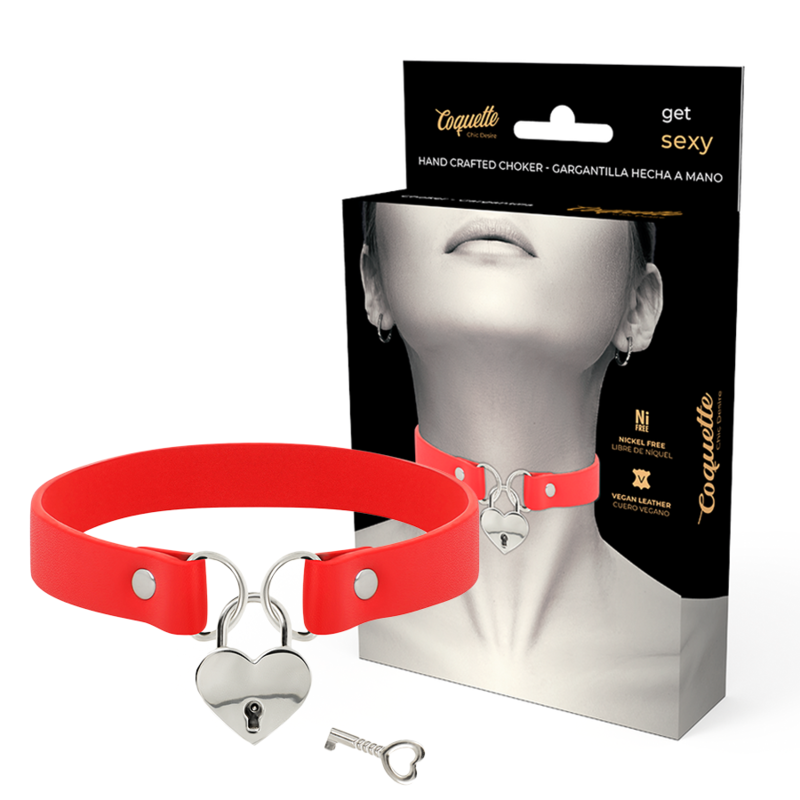 COQUETTE CHIC DESIRE - RED VEGAN LEATHER COLLAR WITH HEART PADLOCK ACCESSORY