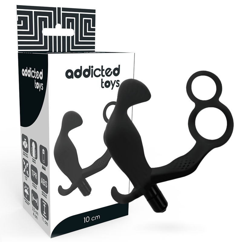 ADDICTED TOYS - ANAL PLUG WITH DOUBLE PENIS AND TESTICLE RING BLACK