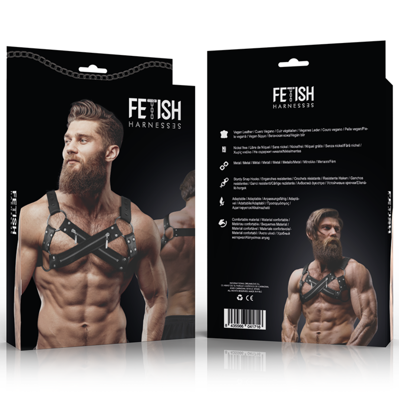 FETISH SUBMISSIVE ATTITUDE - ADJUSTABLE NEOPRENE CROSSED CHEST HARNESS WITH ZIPPERS FOR MEN
