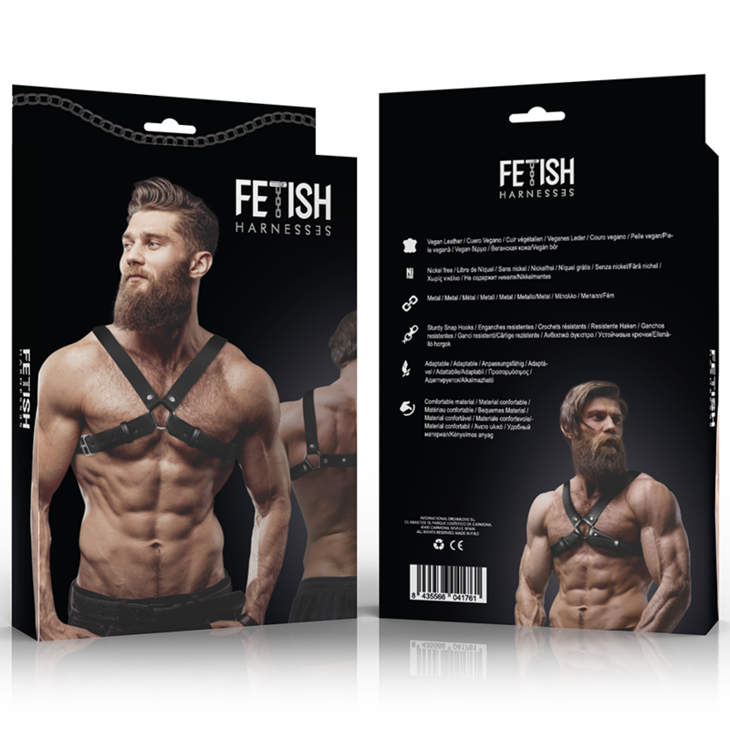 FETISH SUBMISSIVE ATTITUDE - MEN'S ADJUSTABLE FAUX LEATHER CHEST HARNESS WITH BULLDOG CROSS