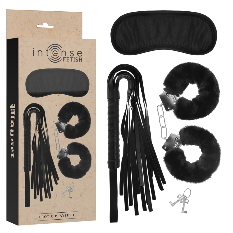 INTENSE - EROTIC FETISH PLAYSET 1 WITH HANDCUFFS, BLINDFOLD AND FLOGGER