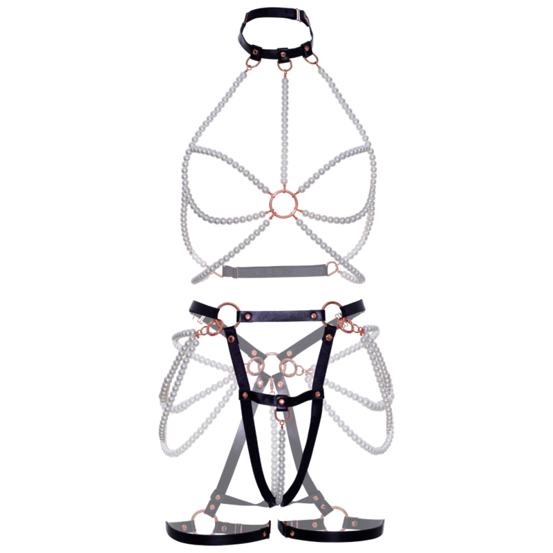 LEG AVENUE - HARNESS BRA & GARTER PEARL L