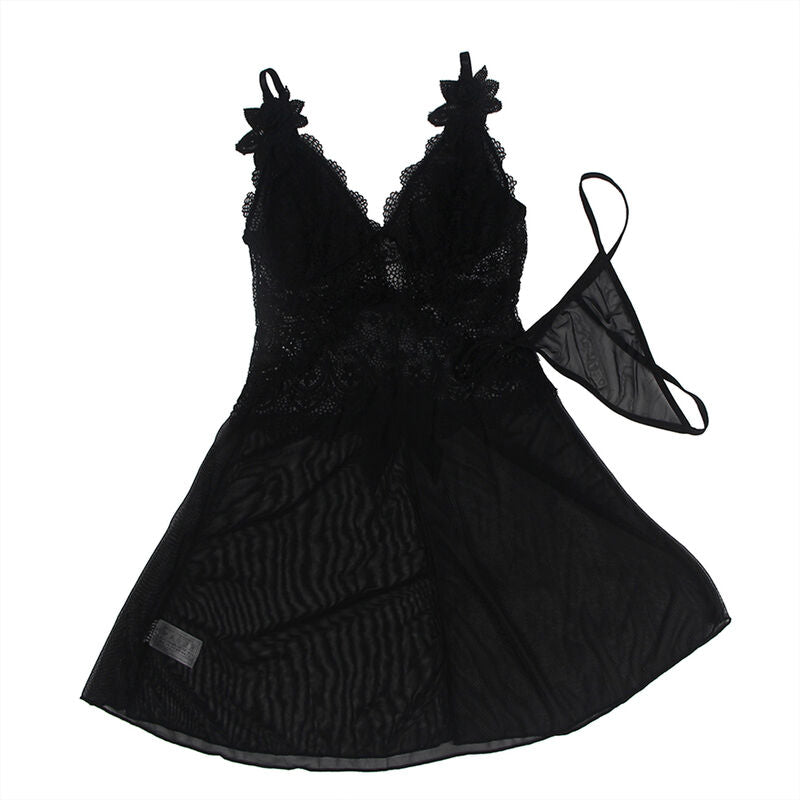 SUBLIME - BLACK LACE AND FLORAL DETAIL BABYDOLL TULLE FABRIC L/XL