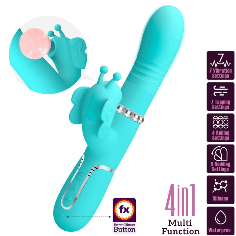 PRETTY LOVE - 4-IN-1 BUTTERFLY RABBIT MULTIFUNCTION VIBRATOR AQUA GREEN