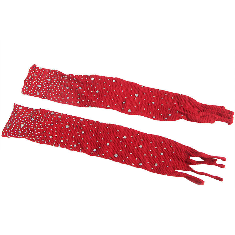 SUBBLIME - 952181 FISHNET BODYSUIT WITH GLOVES AND RHINESTONES RED ONE SIZE