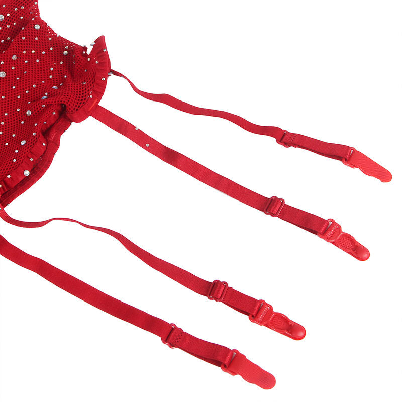 SUBBLIME - 952181 FISHNET BODYSUIT WITH GLOVES AND RHINESTONES RED ONE SIZE