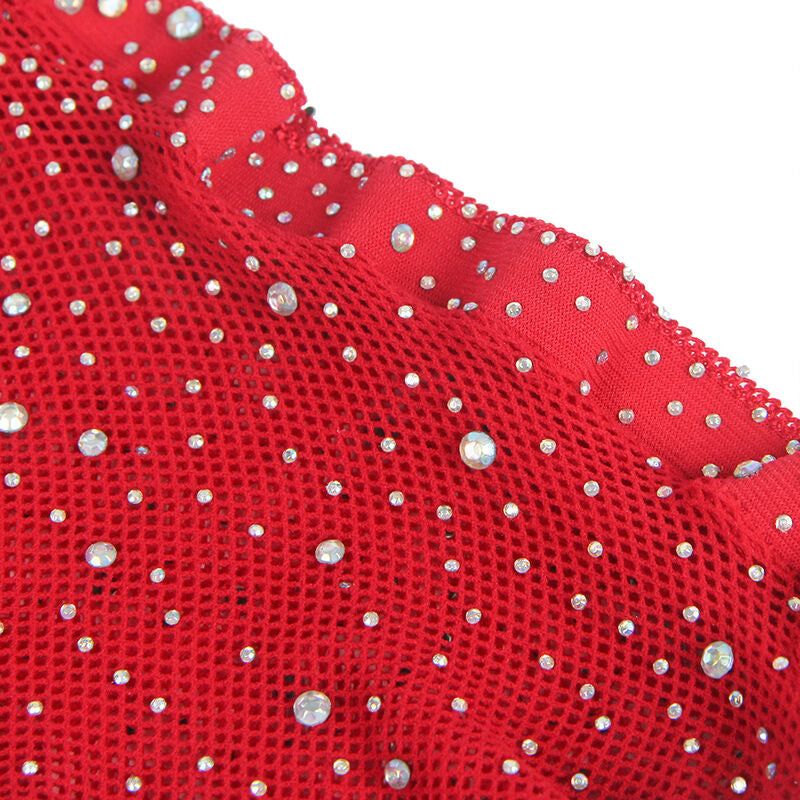 SUBBLIME - 952181 FISHNET BODYSUIT WITH GLOVES AND RHINESTONES RED ONE SIZE
