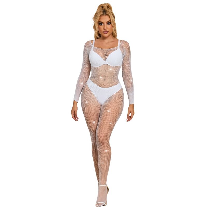 SUBBLIME - 952396 FISHNET BODYSUIT WITH DIAMONDS LONG SLEEVES WHITE ONE SIZE