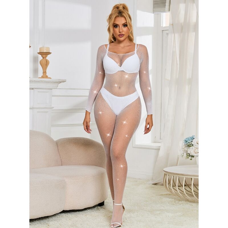 SUBBLIME - 952396 FISHNET BODYSUIT WITH DIAMONDS LONG SLEEVES WHITE ONE SIZE