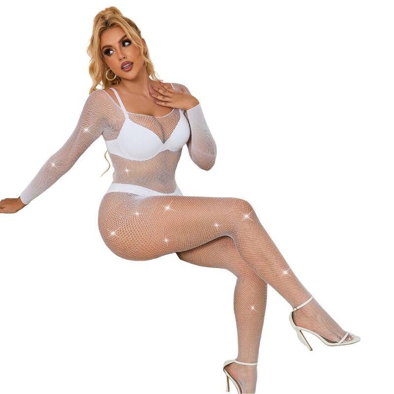 SUBBLIME - 952396 FISHNET BODYSUIT WITH DIAMONDS LONG SLEEVES WHITE ONE SIZE