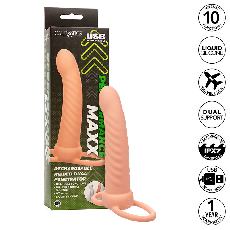 CALEXOTICS - MAXX DOUBLE PENETRATOR RIBBED 10 VIBRATIONS FLESH