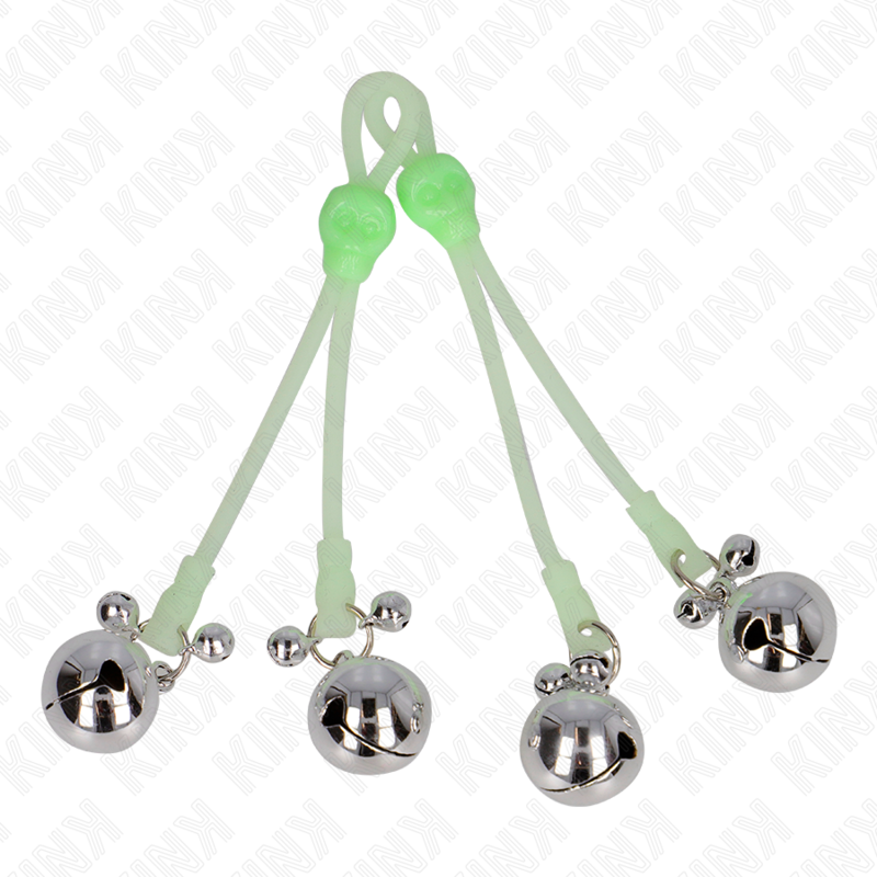KINK - SKULL LUMINOUS NIPPLE CLAMPS WITH ADJUSTABLE BELL RING GREEN / SILVER