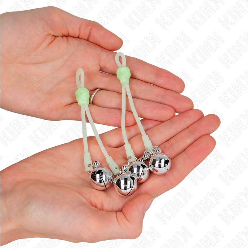 KINK - SKULL LUMINOUS NIPPLE CLAMPS WITH ADJUSTABLE BELL RING GREEN / SILVER