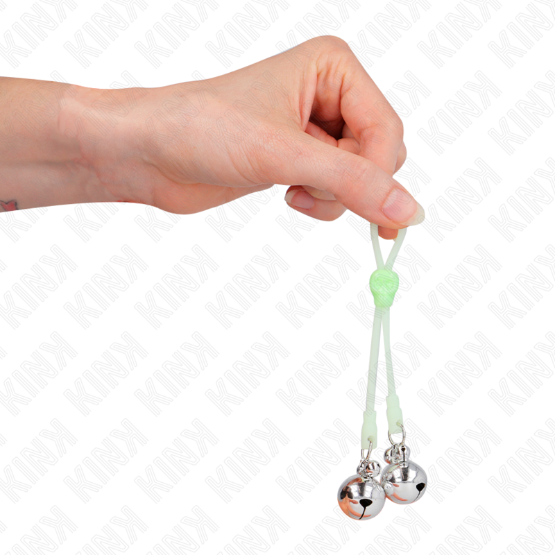 KINK - SKULL LUMINOUS NIPPLE CLAMPS WITH ADJUSTABLE BELL RING GREEN / SILVER