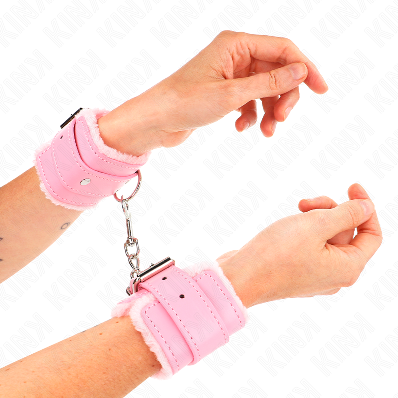 KINK - PINK FUR LINED WRIST RESTRAINTS WITH ADJUSTABLE PINK BELT 17-29 CM X 6 CM