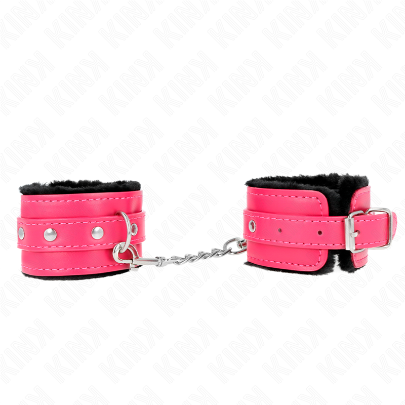 KINK - BLACK PREMIUM FUR-LINED WRIST RESTRAINTS WITH ADJUSTABLE RASPBERRY PINK BELT 17-29 CM X 6 CM