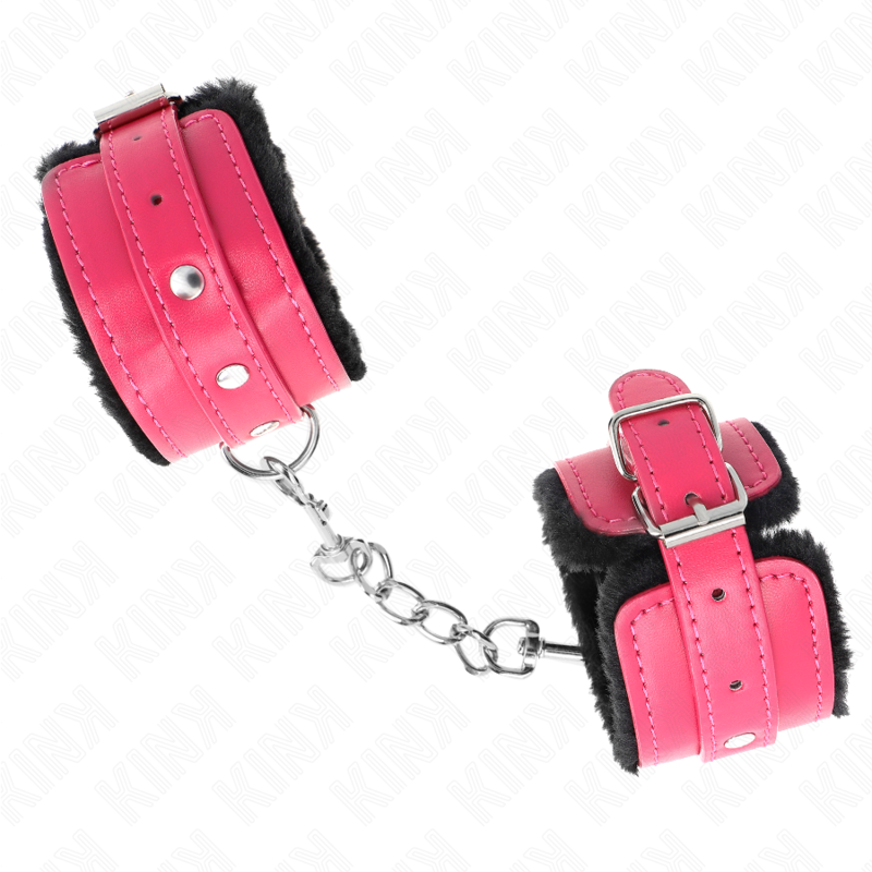 KINK - BLACK PREMIUM FUR-LINED WRIST RESTRAINTS WITH ADJUSTABLE RASPBERRY PINK BELT 17-29 CM X 6 CM