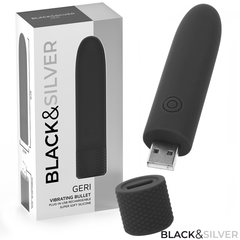 BLACK & SILVER - GERI BULLET VIBRATOR RECHARGEABLE USB 8 VIBRATIONS BLACK 10 X 2.2 CM