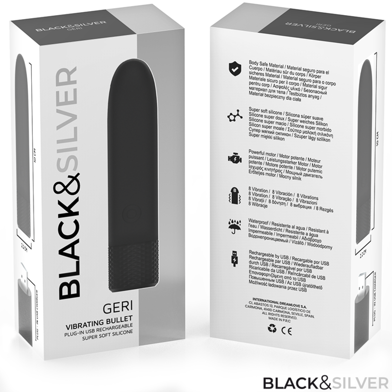 BLACK & SILVER - GERI BULLET VIBRATOR RECHARGEABLE USB 8 VIBRATIONS BLACK 10 X 2.2 CM