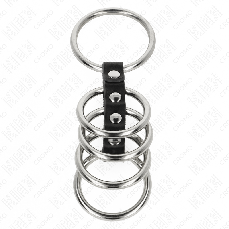 KINK - 5 METAL PENIS RINGS, 3.7 CM TO 5 CM, CONNECTED BY LEATHER