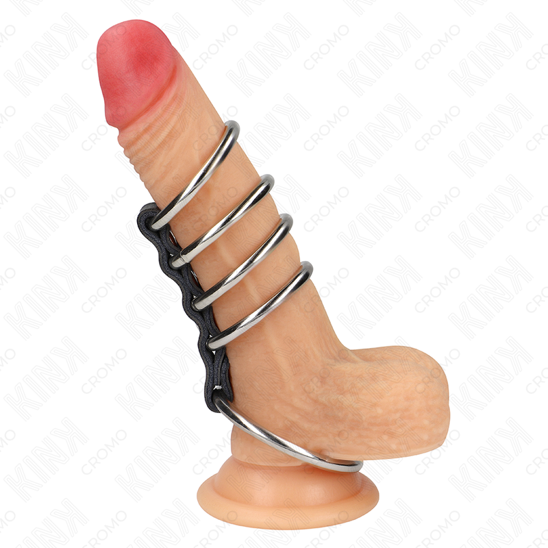 KINK - 5 METAL PENIS RINGS, 3.7 CM TO 5 CM, CONNECTED BY LEATHER