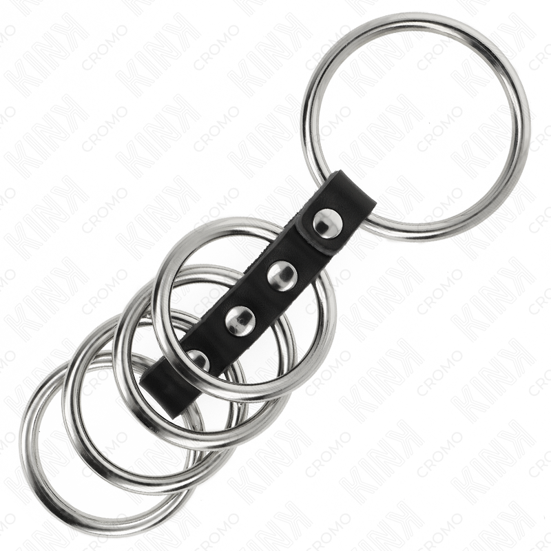 KINK - 5 METAL PENIS RINGS, 3.7 CM TO 5 CM, CONNECTED BY LEATHER