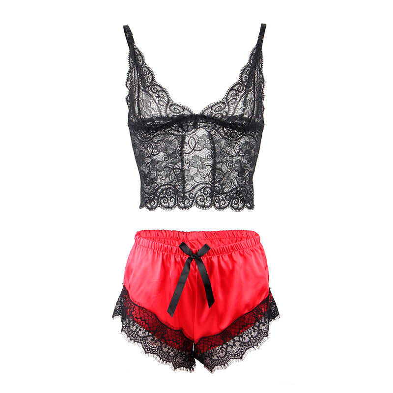SUBBLIME - 953959 SILK LOUNGE NIGHTDRESS + BLACK/RED LACE TROUSERS S/M