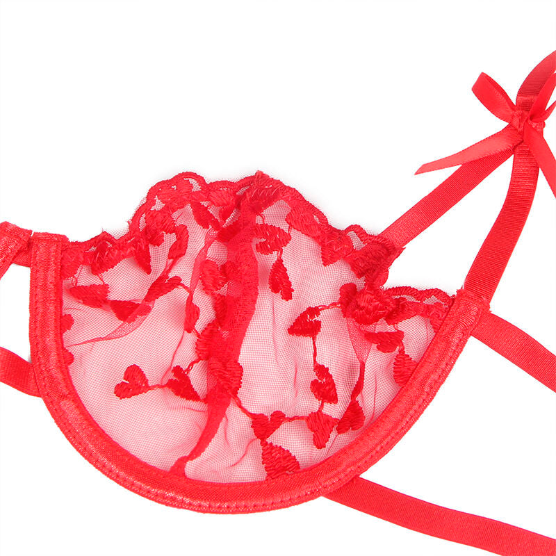 SUBBLIME - 954338 BRA + THONG + GARTER BELT RED HEART PRINT L/XL