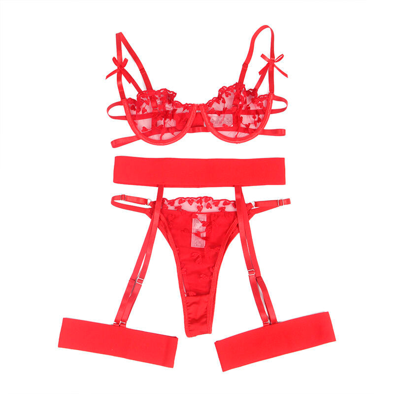 SUBBLIME - 954338 BRA + THONG + GARTER BELT RED HEART PRINT L/XL