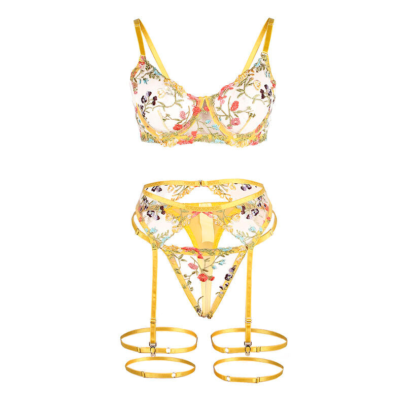 SUBBLIME - 954352 BRA + THONG + GARTER BELT YELLOW FLORAL PATTERN L/XL