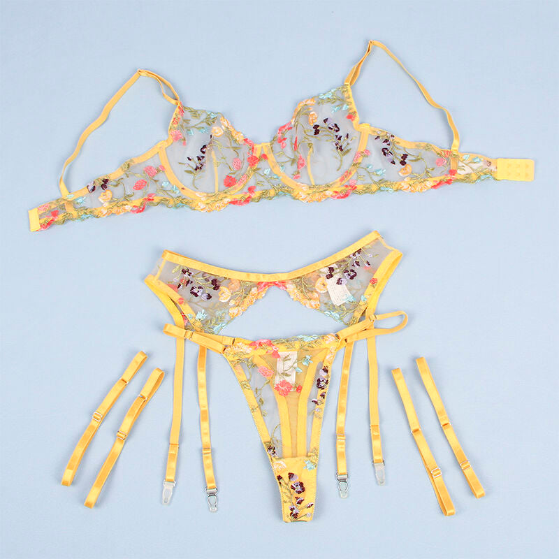 SUBBLIME - 954352 BRA + THONG + GARTER BELT YELLOW FLORAL PATTERN L/XL