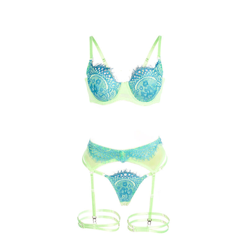 SUBBLIME - 955311 GREEN AND BLUE LACE LINE BRA AND GARTER SET S/M