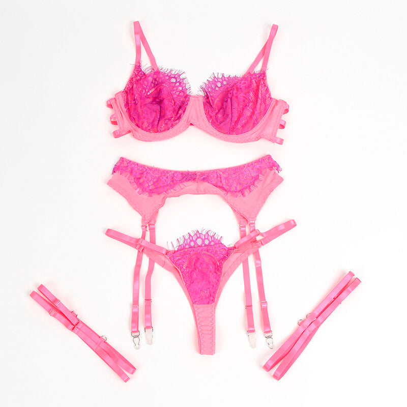 SUBBLIME - 955359 LACE BRA AND GARTER STRAPS SET PINK AND PURPLE S/M