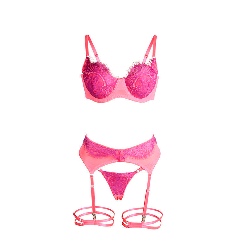 SUBBLIME - 955359 LACE BRA AND GARTER STRAPS SET PINK AND PURPLE S/M