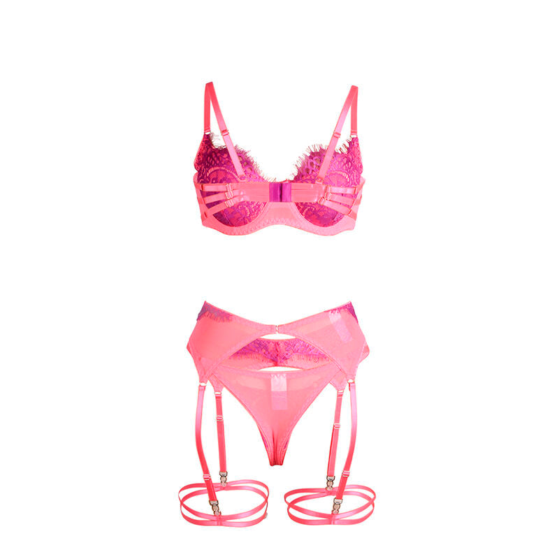 SUBBLIME - 955359 LACE BRA AND GARTER STRAPS SET PINK AND PURPLE S/M