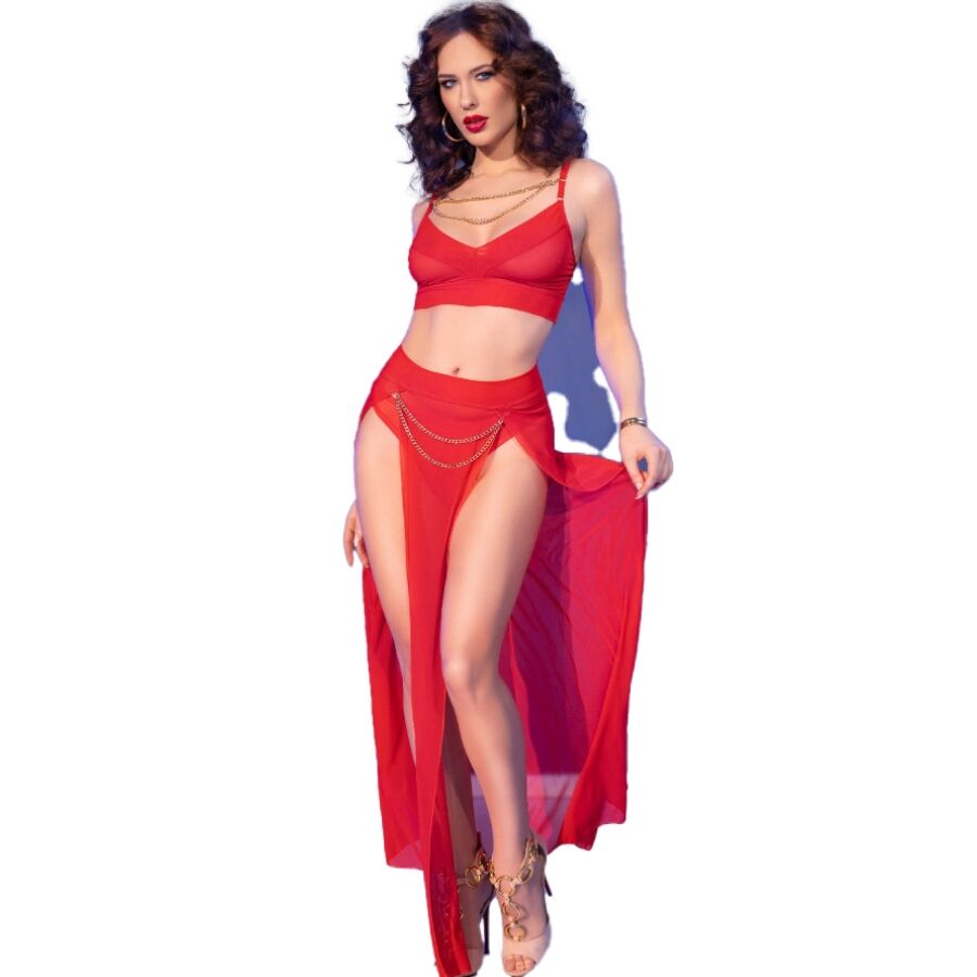 CHILIROSE - CR 4850 ENSEMBLE TOP ET LEGGINGS ROUGE AVEC ACCESSOIRES DORÉS M