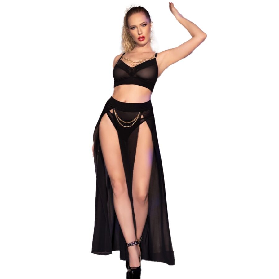 CHILIROSE - CR 4672 BLACK SKIRT AND THONG WITH GOLD CHAINS S