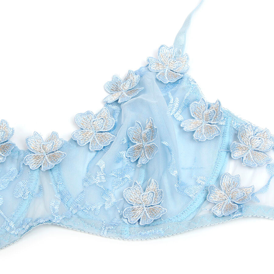 SUBBLIME - 957629 ENSEMBLE SOUTIEN-GORGE ET CULOTTE BRODÉS DE FLEURS BLEU CIEL S/M